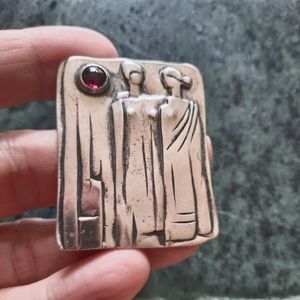 Vintage Greek 1980's Sterling Silver Brooch/Pin.  Classical Female motif, Garnet